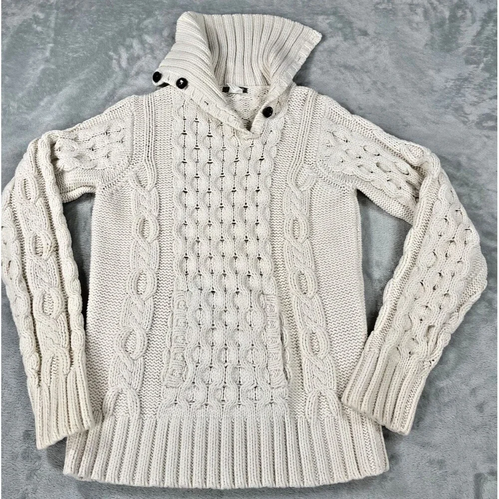 J.Crew Ivory Cable Knit Sweater M Button Funnel Collar Fisherman Preppy